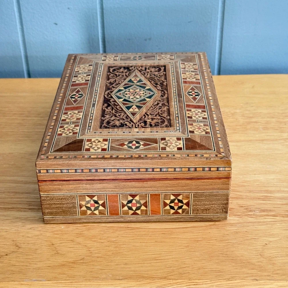 Arabian Mosaic Wooden Jewelry Trinket Box Marquetry Ornament Handmade Inlaid